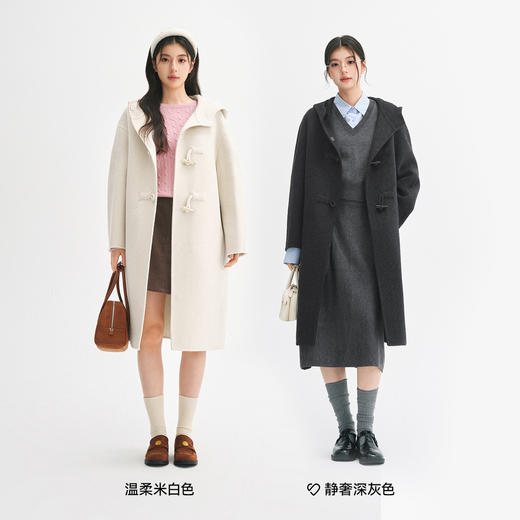 【严选】诗凡黎桑蚕丝连帽牛角扣毛呢外套2024冬新款骆驼绒学院双面呢大衣SF7170121D 商品图1