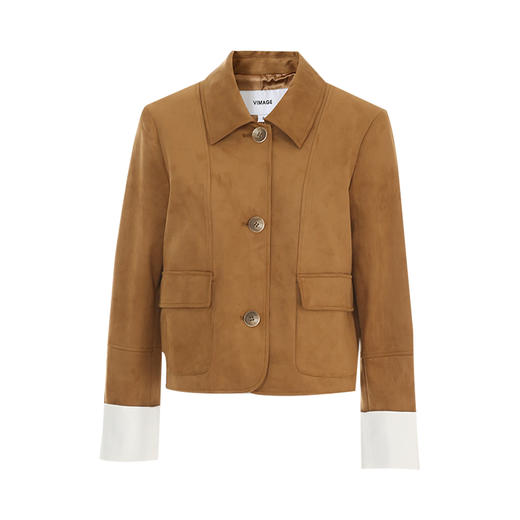 VIMAGE纬漫纪气质翻领显瘦直筒撞色绒面深咖色短外套秋季新款V2203811 商品图6