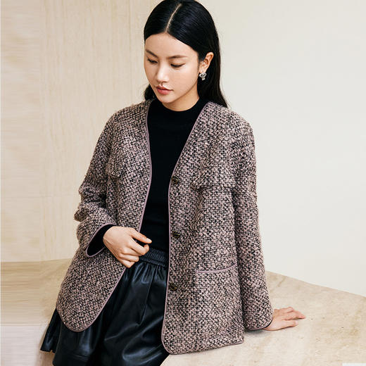 【特价】玳莎圈圈毛呢短款大衣女冬季新款气质复古V领小香风优雅外套  ED37301 商品图2