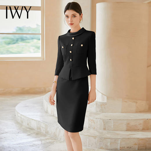 IWY/千金风套装裙子女早秋连衣裙御姐范黑色醋酸七分袖西装裙Q1185 商品图0