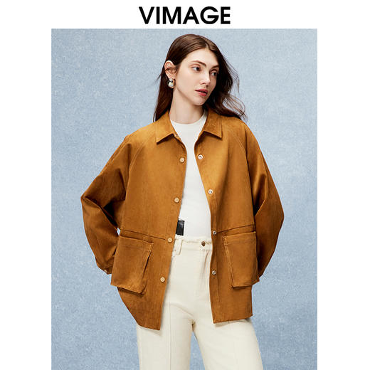 VIMAGE纬漫纪宽松日系气质翻领大口袋显瘦深咖色外套秋季新款V2203838 商品图3