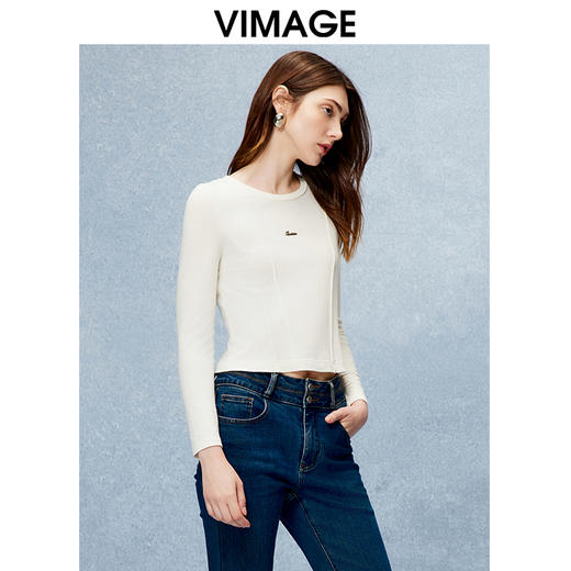 VIMAGE纬漫纪秋季新款个性设计感修身显瘦短款T恤上衣V2213823 商品图3