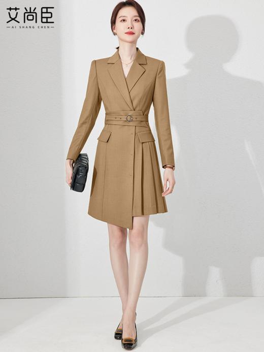 艾尚臣卡其色秋季长袖西装连衣裙时尚收腰女装高级感职场工作裙子 商品图3