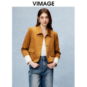 VIMAGE纬漫纪气质翻领显瘦直筒撞色绒面深咖色短外套秋季新款V2203811