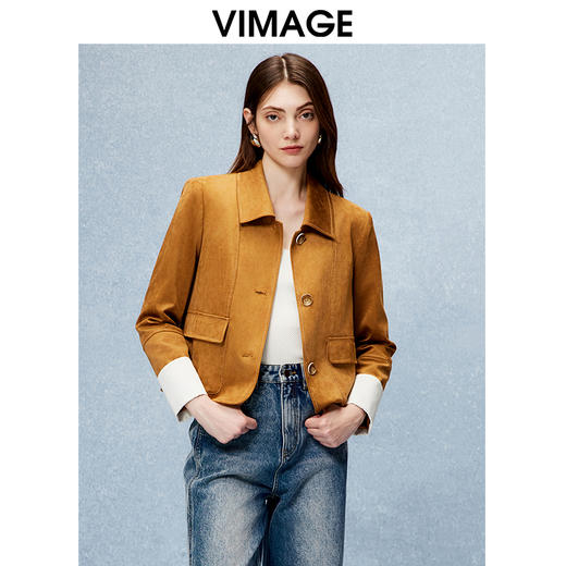 VIMAGE纬漫纪气质翻领显瘦直筒撞色绒面深咖色短外套秋季新款V2203811 商品图0