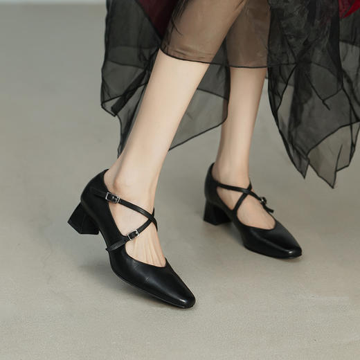 【阿么古纹马皮鞋】2025新款气质交叉复古真皮玛丽珍鞋浅口单鞋4CM 商品图2