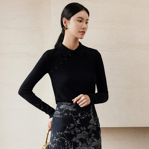 玳莎国风POLO领纯羊毛针织衫女2024年秋冬新品斜襟修身显瘦上衣  ED33304 商品图1