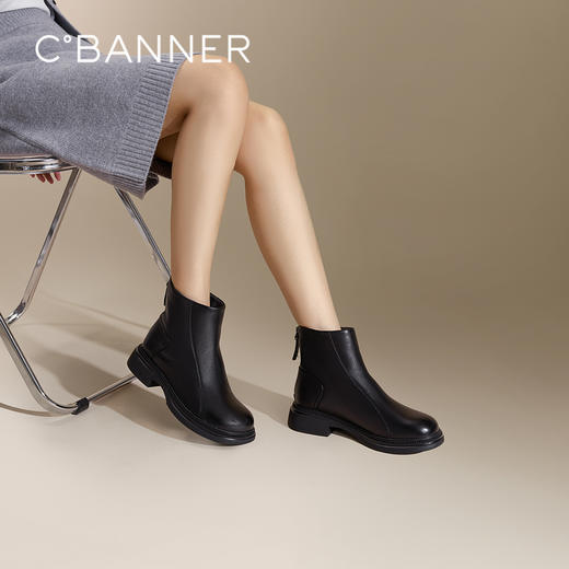 千百度羊皮粗低跟时装靴女款冬季简约美拉德棕色短靴子A24535807 商品图0