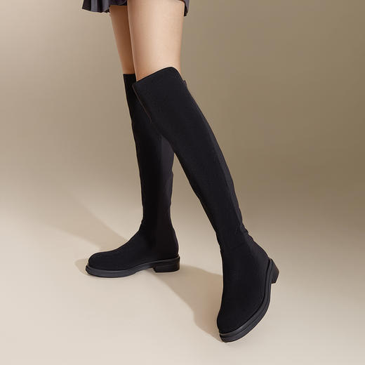千百度低跟弹力靴显瘦袜靴女冬季时尚过膝瘦瘦靴高筒长靴A24539510 商品图1