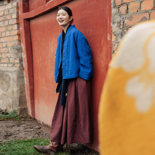 绽放旅行女装649朵/秋冬全亚麻蚕丝绵填充短款棉衣中式v领棉服 商品图1