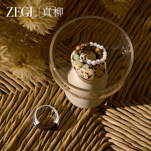 ZEGL设计师白檀系列和田玉檀木戒指女小众新中式文玩串珠叠戴指环 商品图3