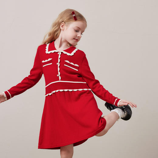 mettekids儿童100%绵羊毛连衣裙冬季女童红色小翻领可机洗针织裙 商品图3