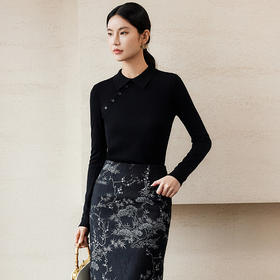 玳莎国风POLO领纯羊毛针织衫女2024年秋冬新品斜襟修身显瘦上衣  ED33304