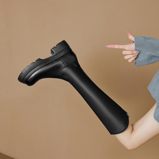 阿么手工女鞋厚底小个子长靴子5.5CM百搭真皮时尚英伦风V口高筒靴 商品图2