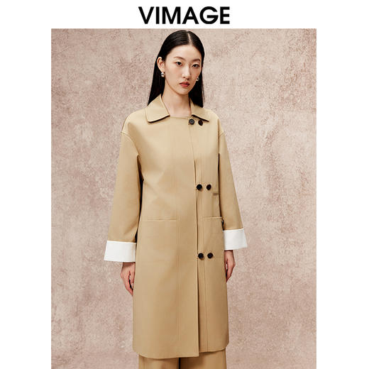 VIMAGE纬漫纪冬季新款直筒宽松翻领中长款风衣外套V2204805 商品图2