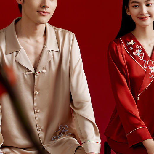 一起红】金三塔重磅真丝睡衣男女情侣红色家居服衣裤套葫芦纹  YSFED202/YSMED207 商品图3