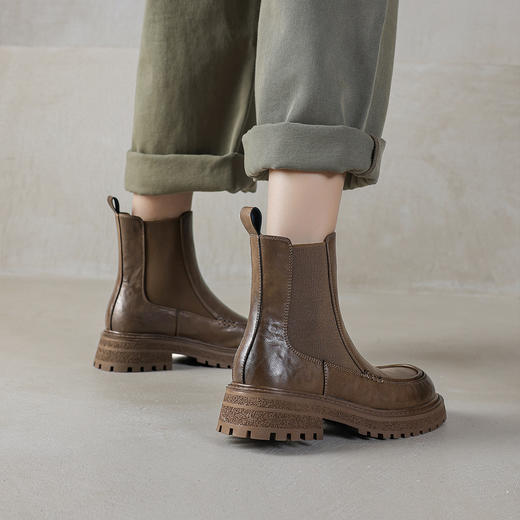 阿么手工女鞋真皮厚底切尔西短靴女拼接英伦风秋冬新款靴子4.5CM 商品图1