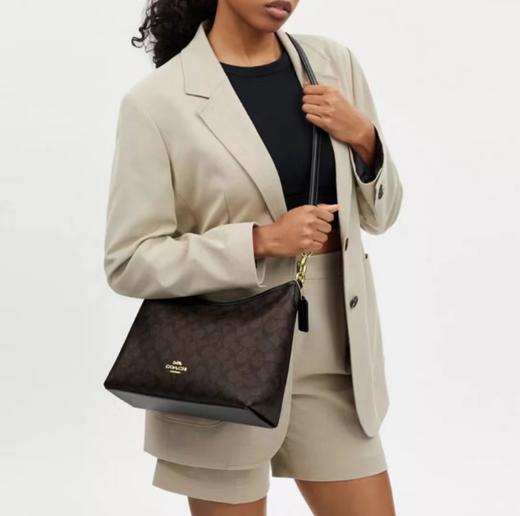 COACH蔻驰 Laurel 31 通勤大容量可拆卸肩带标志性涂层帆布和光滑皮革 流浪包腋下包单肩斜挎手提包（CB） 商品图3