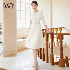 IWY/米白色上班族通勤连衣裙秋装女圆领西装裙七分袖职业装工作服单件Q1173