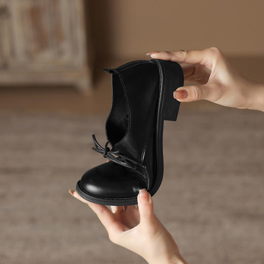 阿么手工女鞋百搭系带小皮鞋粗跟3CM黑色显瘦2025新款圆头单鞋女 商品图4