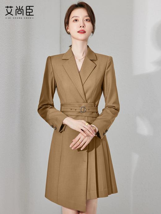 艾尚臣卡其色秋季长袖西装连衣裙时尚收腰女装高级感职场工作裙子 商品图0
