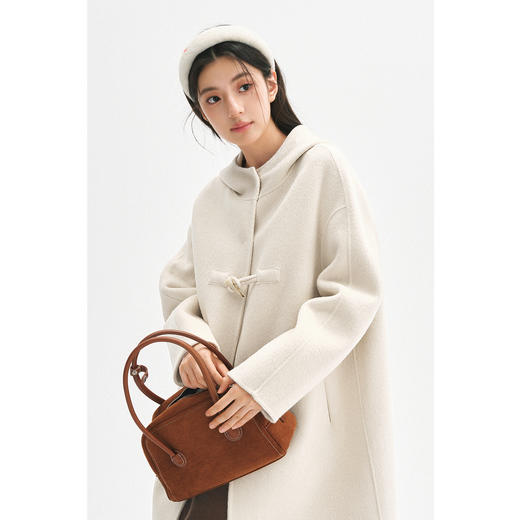 【严选】诗凡黎桑蚕丝连帽牛角扣毛呢外套2024冬新款骆驼绒学院双面呢大衣SF7170121D 商品图0