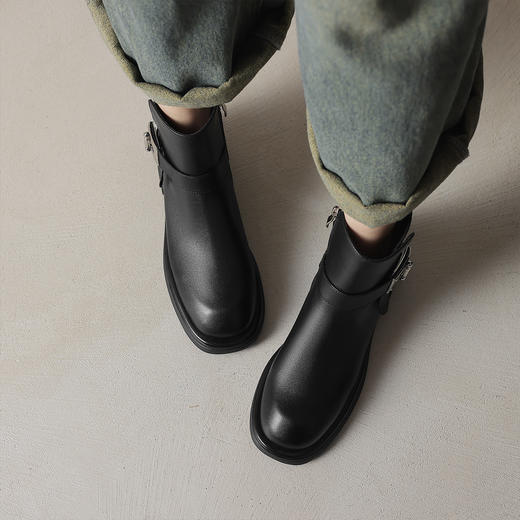 阿么手工女鞋百搭短筒显瘦黑色牛皮短靴女2024新款秋冬时尚3.5CM 商品图3