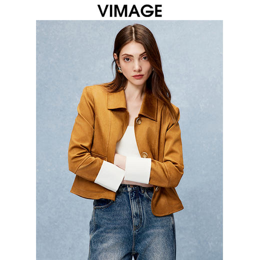 VIMAGE纬漫纪气质翻领显瘦直筒撞色绒面深咖色短外套秋季新款V2203811 商品图2