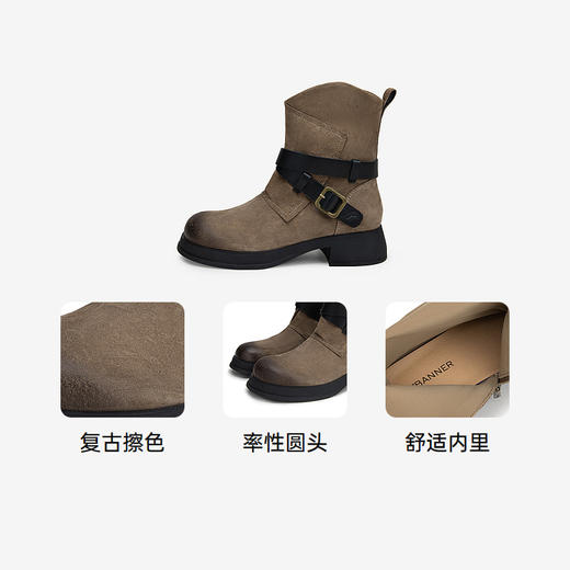 千百度西部牛仔靴户外防滑复古冬季粗短靴女靴子A24530671 商品图3