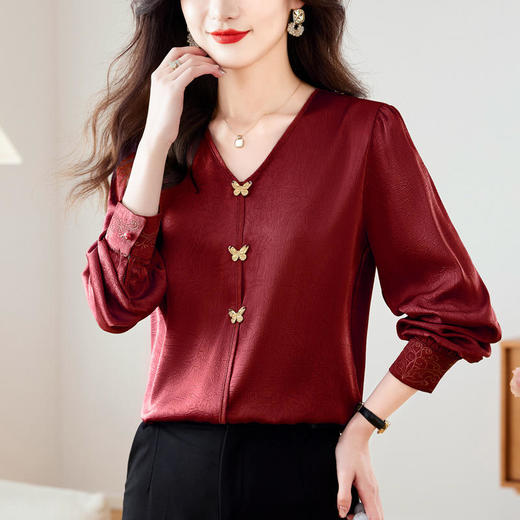 TZW-蝴蝶装饰刺绣v领衬衫通勤气质长袖上衣 商品图1