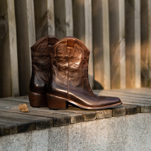 【阿么古纹马皮鞋】重工V口刺绣西部牛仔靴女2025新款小方头短靴5CM 商品图1