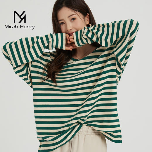 米加蜜落肩长袖条纹上衣，啾啾妈自留，百搭版型简约大方 商品图2
