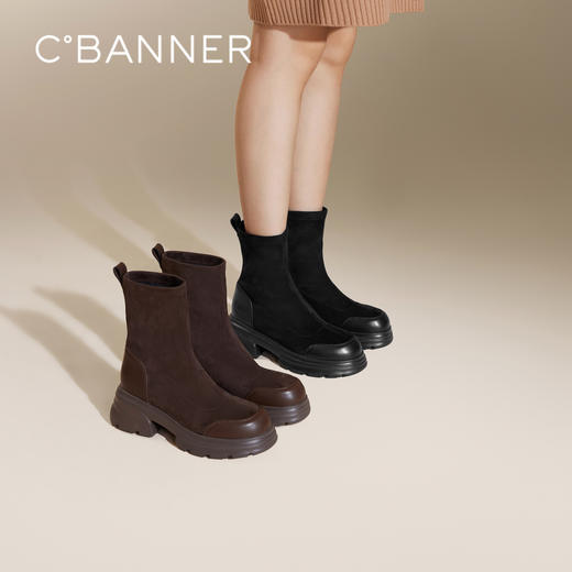 千百度厚底弹力靴袜靴冬季拼接增高时装靴瘦瘦短靴女靴子A24590111 商品图0