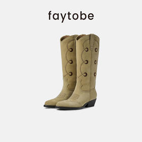 faytobe“月升“彝绣西部靴秋冬新款及膝靴牛皮民族图腾高筒靴