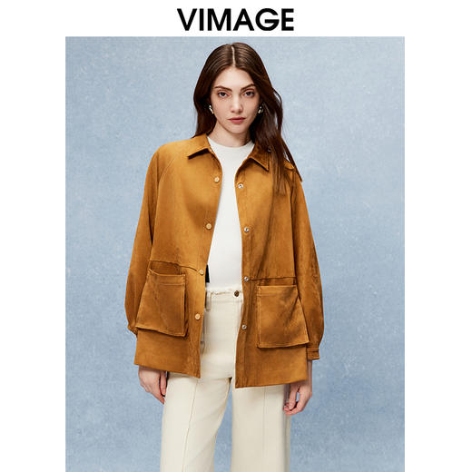 VIMAGE纬漫纪宽松日系气质翻领大口袋显瘦深咖色外套秋季新款V2203838 商品图5