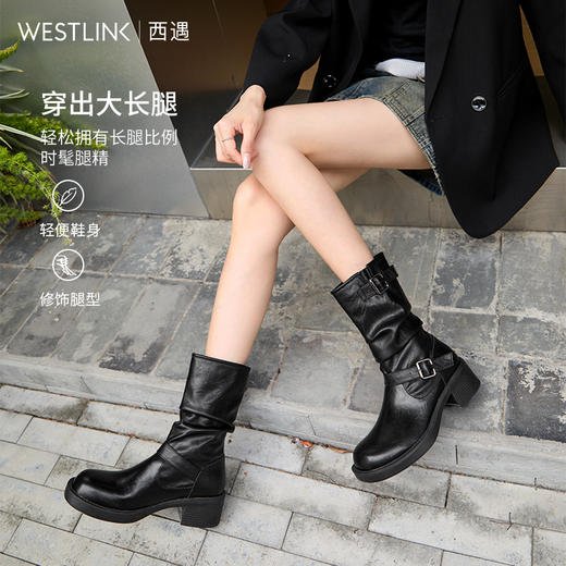 西遇复古短靴女新款秋冬美拉德粗跟中筒骑士靴西部牛仔堆堆靴D3547562 商品图2