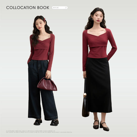 西遇法式方领长袖T恤女早春新款修身短款收腰红色露锁骨上衣D3142049 商品图1