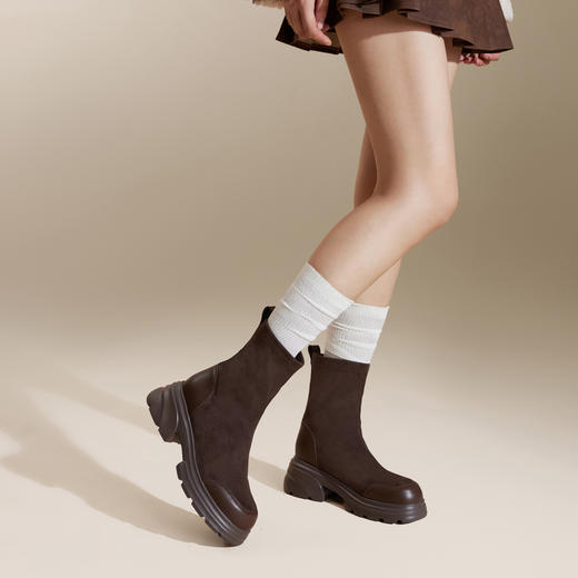 千百度厚底弹力靴袜靴冬季拼接增高时装靴瘦瘦短靴女靴子A24590111 商品图4