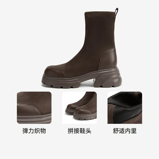 千百度厚底弹力靴袜靴冬季拼接增高时装靴瘦瘦短靴女靴子A24590111 商品图3