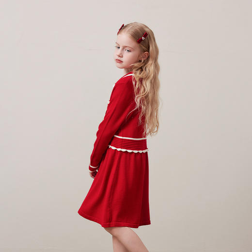 mettekids儿童100%绵羊毛连衣裙冬季女童红色小翻领可机洗针织裙 商品图1
