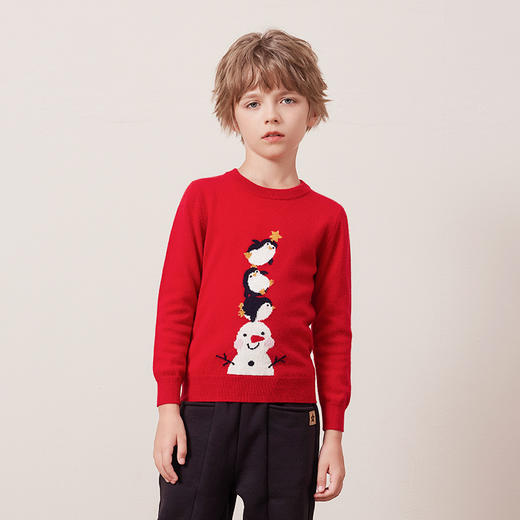 mettekids儿童100%羊绒衫2024秋冬新款男童卡通针织女童红色毛衣 商品图2