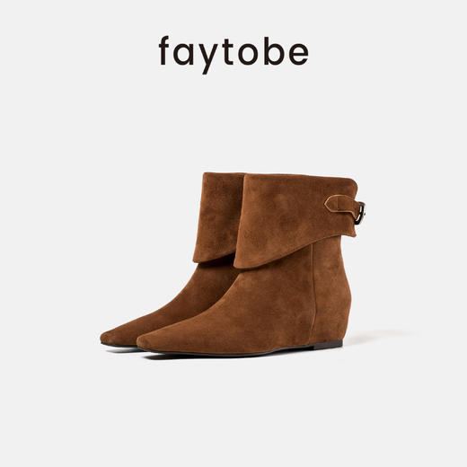 FAYTOBE 麂皮裤管短靴24年秋尖头复古美拉德羊反绒坡跟短筒及踝靴 商品图7