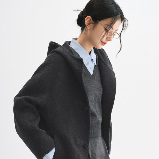 【严选】诗凡黎桑蚕丝连帽牛角扣毛呢外套2024冬新款骆驼绒学院双面呢大衣SF7170121D 商品图2