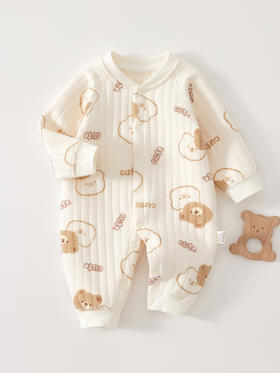 【天生柔软 软糯亲肤 新生肌更爱穿】婴儿夹棉连体衣 春秋冬季宝宝保暖长袖打底空气棉哈衣 无骨纯棉爬服-QQ