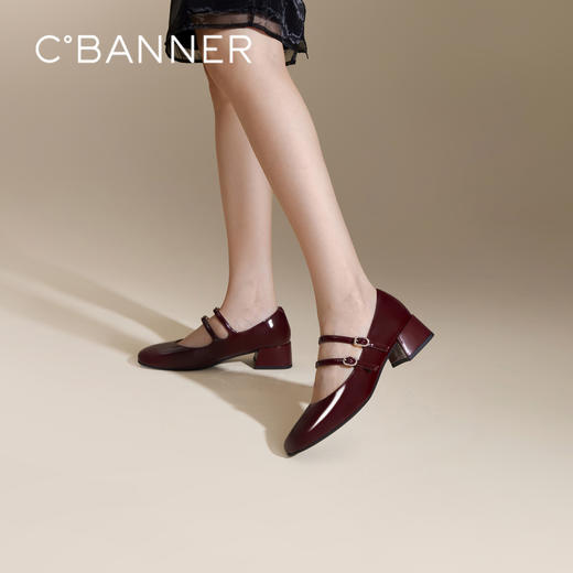 千百度粗中跟时尚玛丽珍鞋女款秋季漆皮小香风真皮单鞋A24430116 商品图0