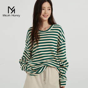 米加蜜宽松慵懒感落肩长袖条纹上衣