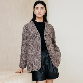 【特价】玳莎圈圈毛呢短款大衣女冬季新款气质复古V领小香风优雅外套  ED37301