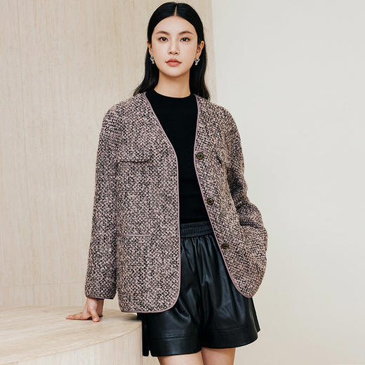 【特价】玳莎圈圈毛呢短款大衣女冬季新款气质复古V领小香风优雅外套  ED37301 商品图0