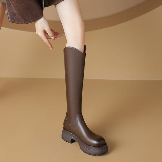 阿么手工女鞋厚底小个子长靴子5.5CM百搭真皮时尚英伦风V口高筒靴 商品图4