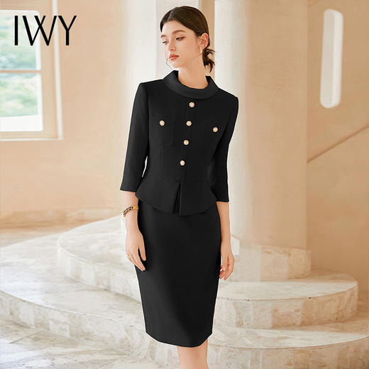 IWY/千金风套装裙子女早秋连衣裙御姐范黑色醋酸七分袖西装裙Q1185 商品图4